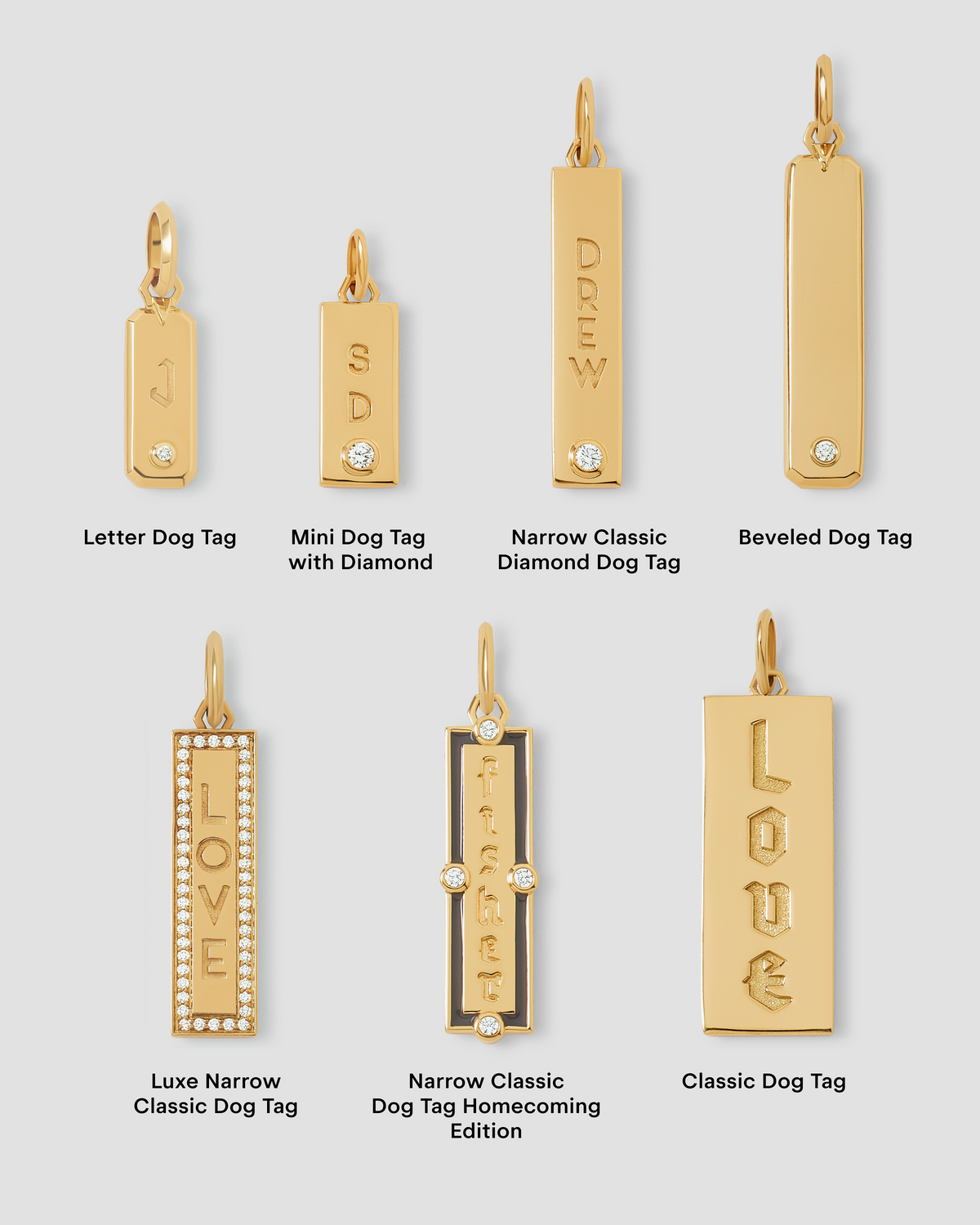 Personalized Luxe Narrow Classic Dog Tag in 18K Yellow Gold charm - styled on model | charm necklaces