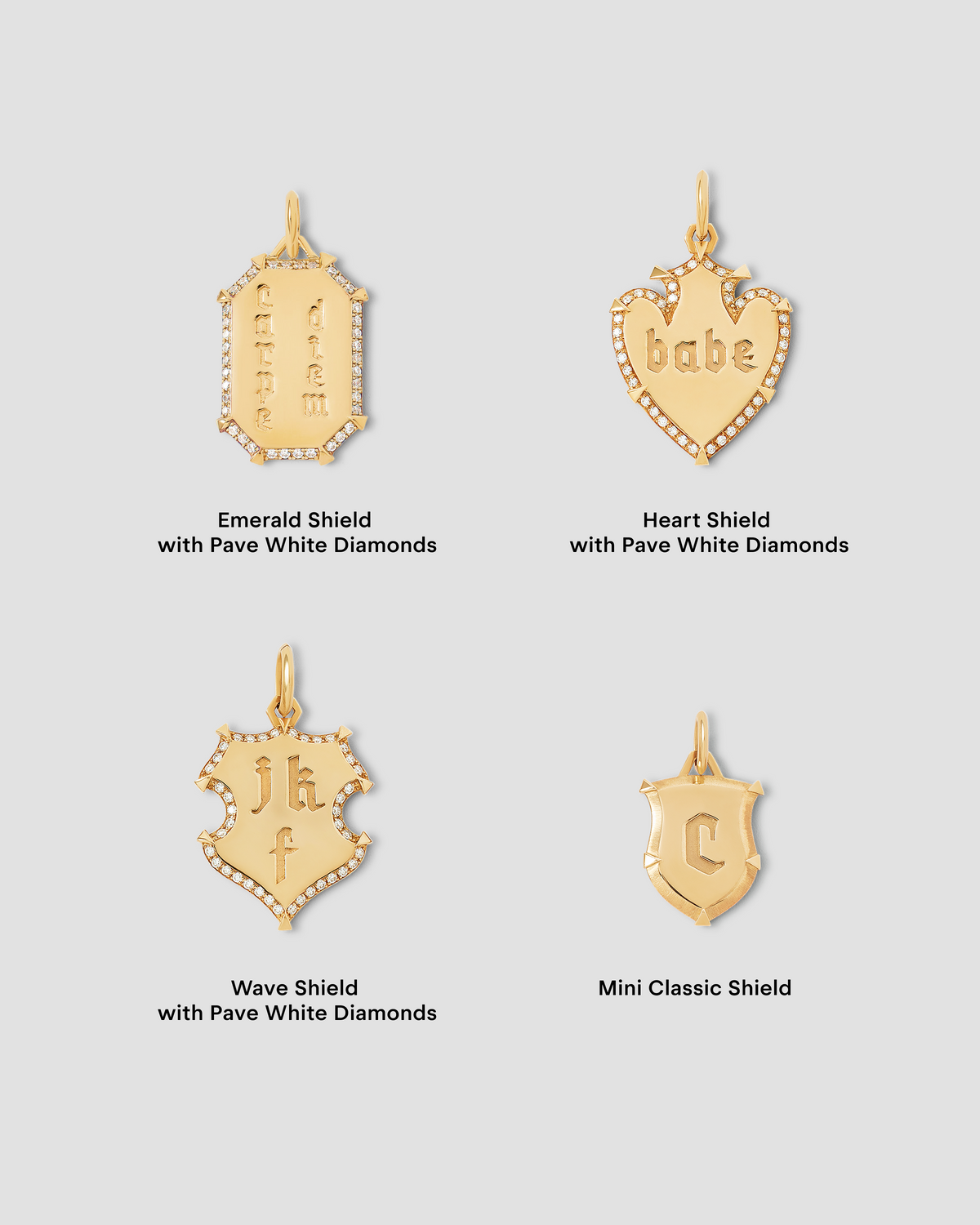 Personalized Emerald Shield with Pave White Diamonds in 18K Yellow Gold 18K gold charm - styled on model