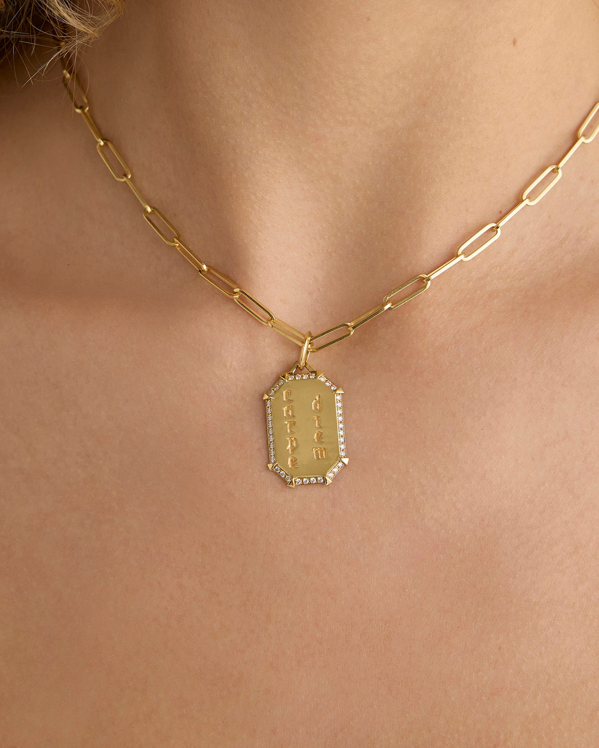 Personalized Emerald Shield with Pave White Diamonds in 18K Yellow Gold 18K gold charm - close-up detail