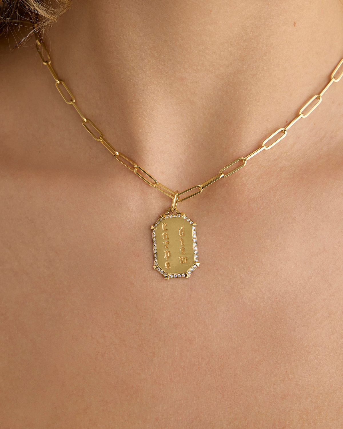 Personalized Emerald Shield with Pave White Diamonds in 18K Yellow Gold 18K gold charm - close-up detail