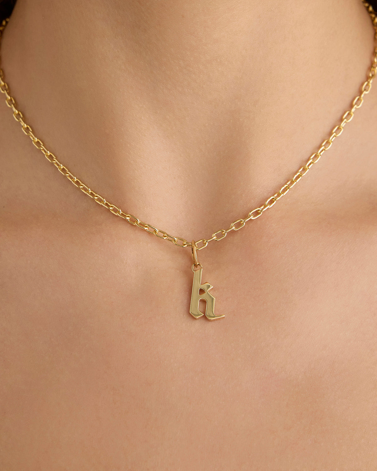 Lower Case Gothic Letter Charm in 14K Yellow Gold 14K gold charm - close-up detail | charm necklaces