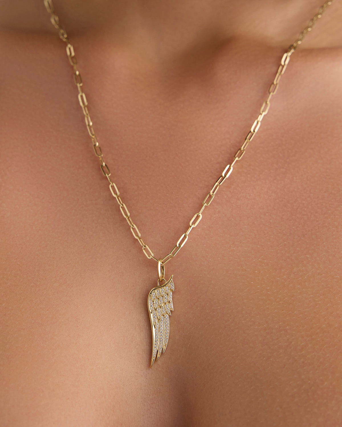 Medium Wing Charm with Pavé White Diamond in 18K Yellow gold charm - close-up detail | necklace with charms