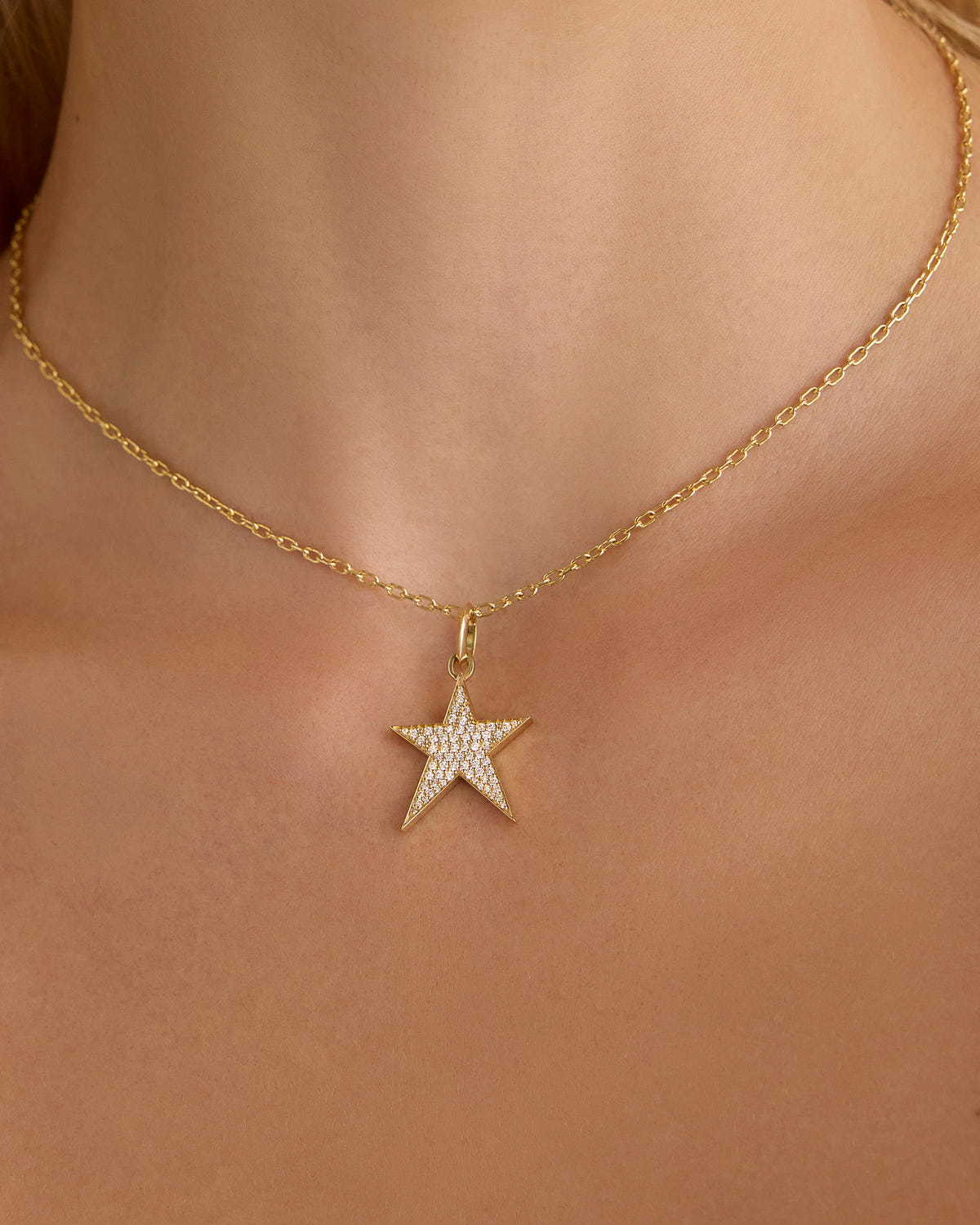 Star Charm with Pavé White Diamonds in 18K Yellow gold charm - close-up detail | necklace with charms