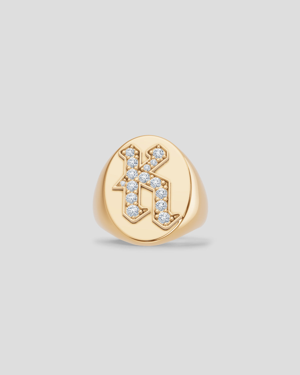 Large Signet Letter Ring with Diamonds in 18K Yellow Gold A-N gold ring - side view | womens diamond rings