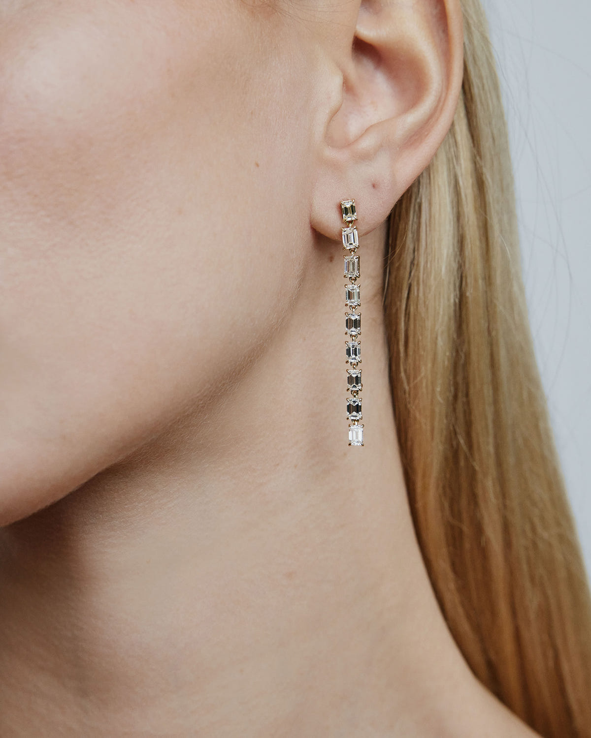 JF Lab - Emerald Cut Convertible Drop Earrings 18K gold earring - front view | lab grown diamond earrings