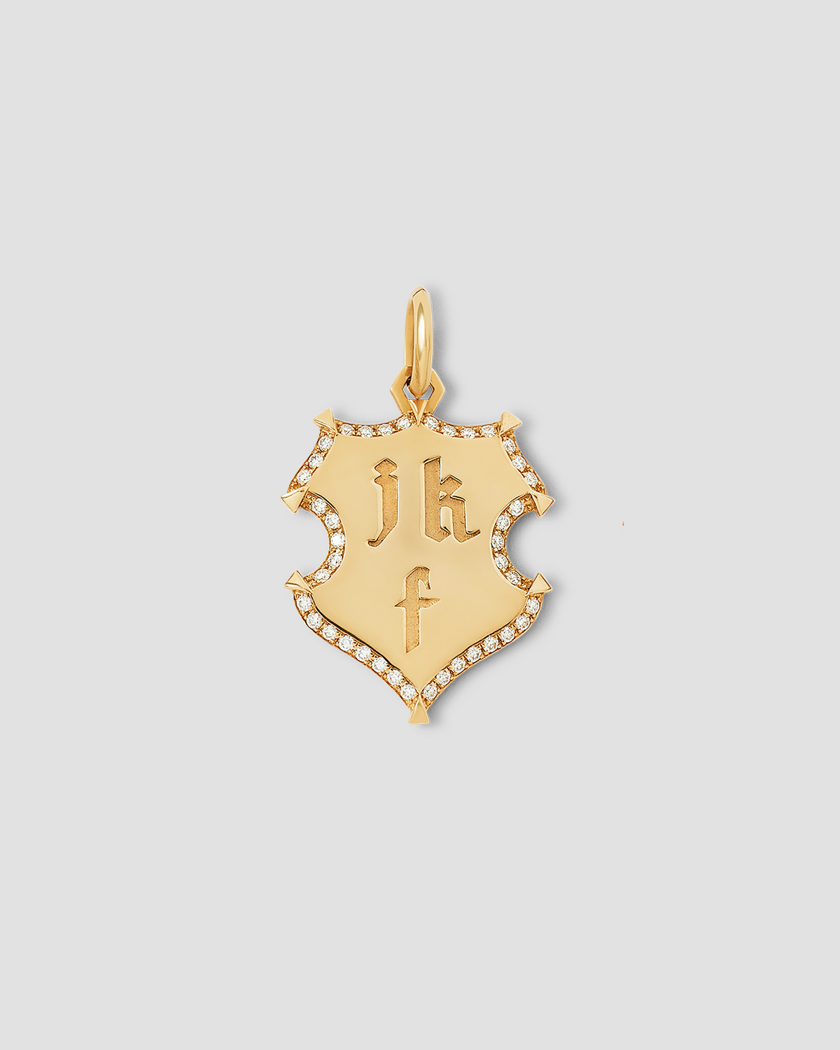 Personalized Wave Shield with Pave White Diamonds in 18K Yellow Gold charm - front view | necklace with charms