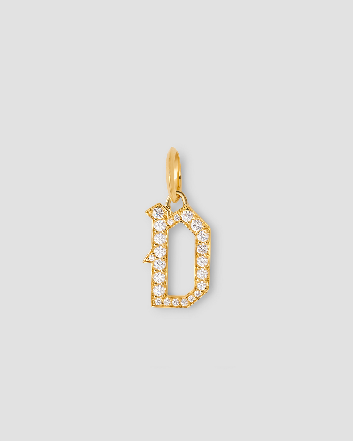 Capital Gothic Letter Charm with Pavé White Diamonds 18K gold charm - product detail shot | necklace with charms