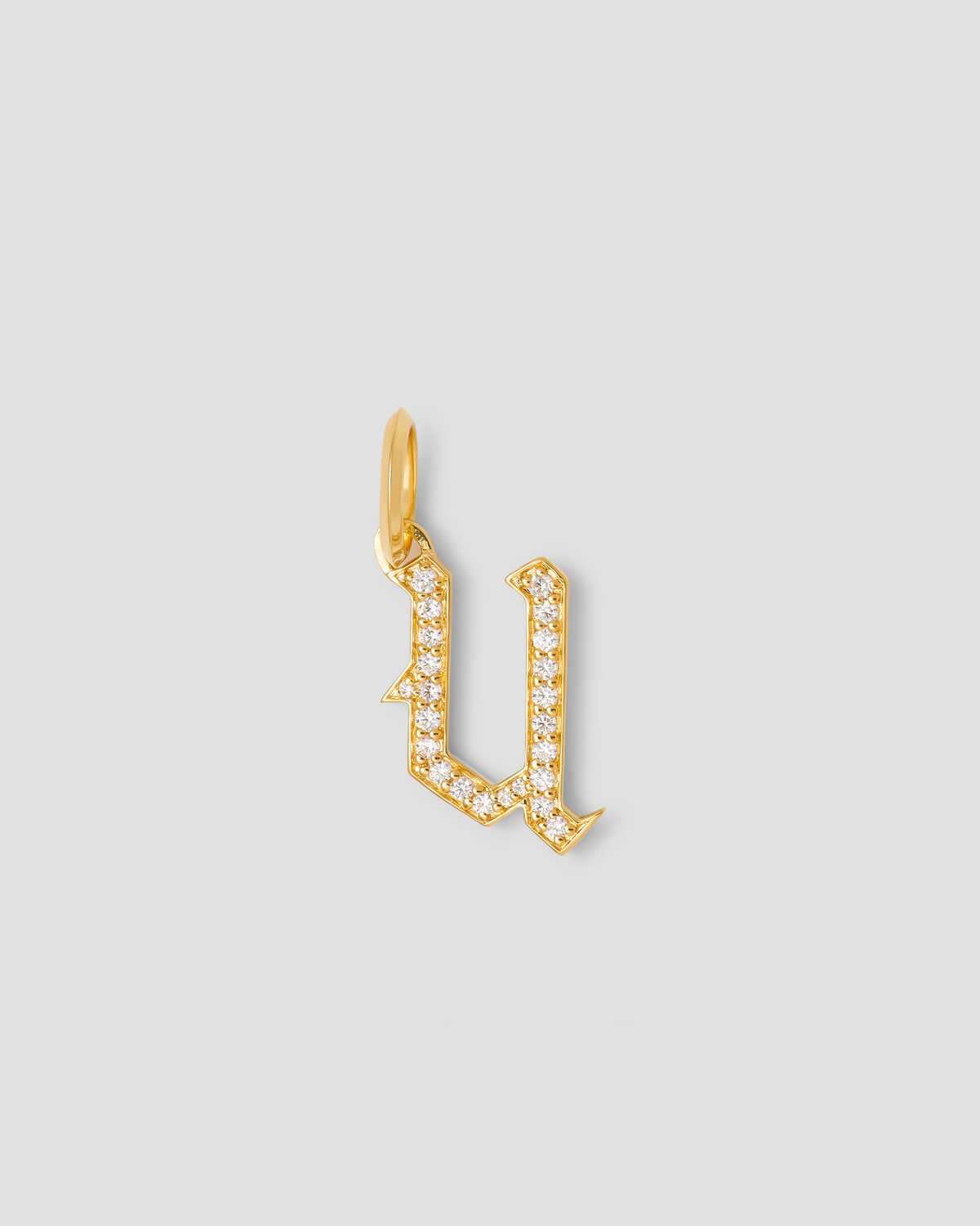 Capital Gothic Letter Charm with Pavé White Diamonds 18K gold charm - front view | necklace with charms