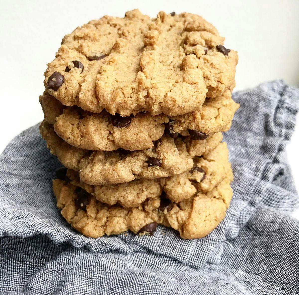 Peanut butter chocolate chip cookies stacked
