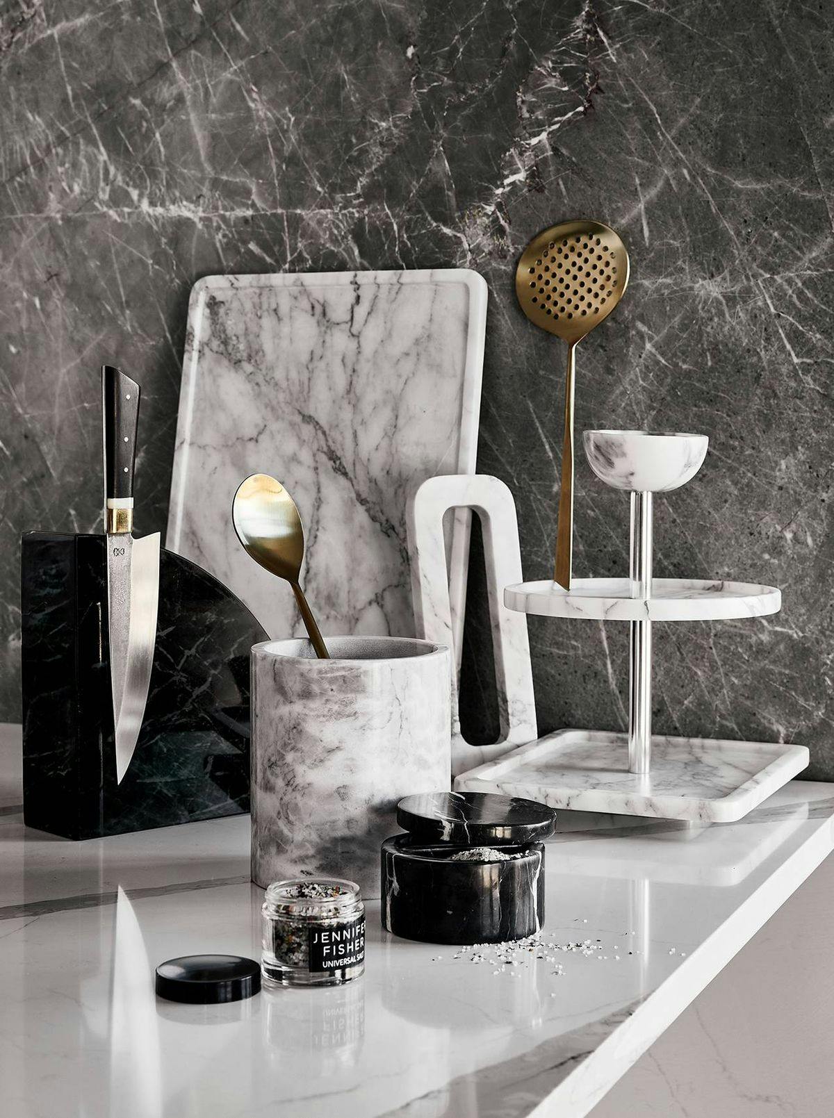 Marble Kitchen utensils on kitchen countertop