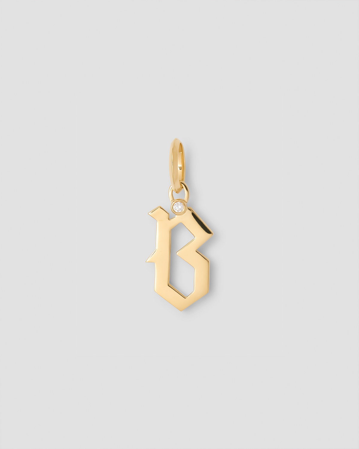 Capital Gothic Letter Charm with Diamond in 18K Yellow Gold 18K gold charm - side view | charm necklaces
