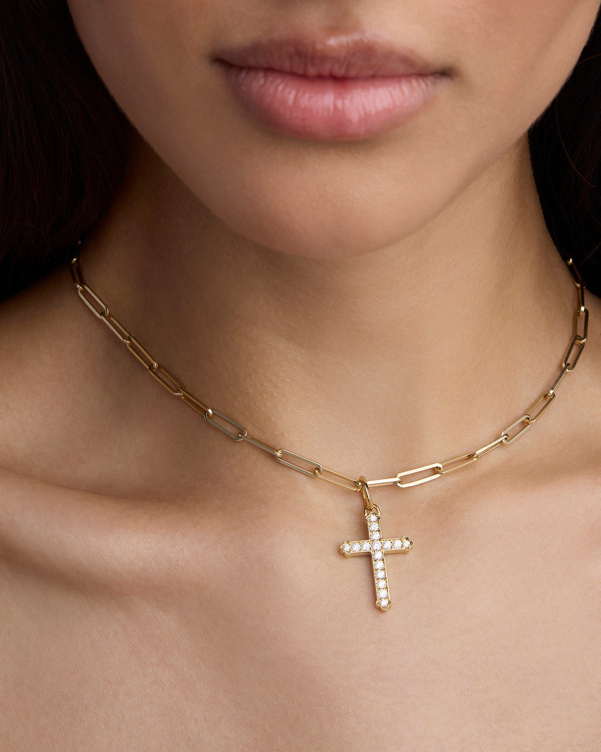 Large Royal Cross with Pavé White Diamonds in 18K Yellow gold charm - close-up detail