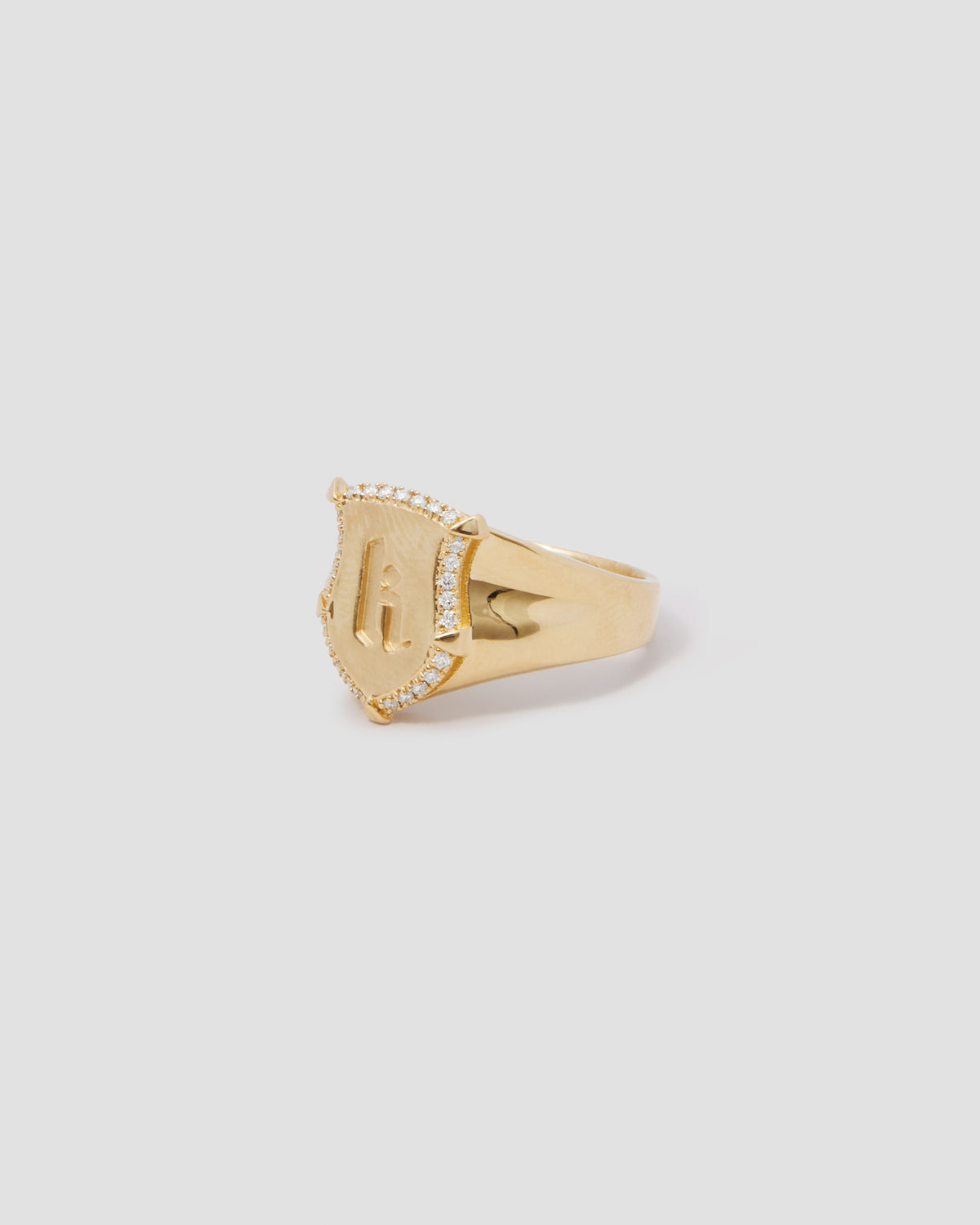 Personalized Mini Classic Shield Ring with Pave White Diamonds in 18K Yellow Gold 18K gold ring - alternate angle