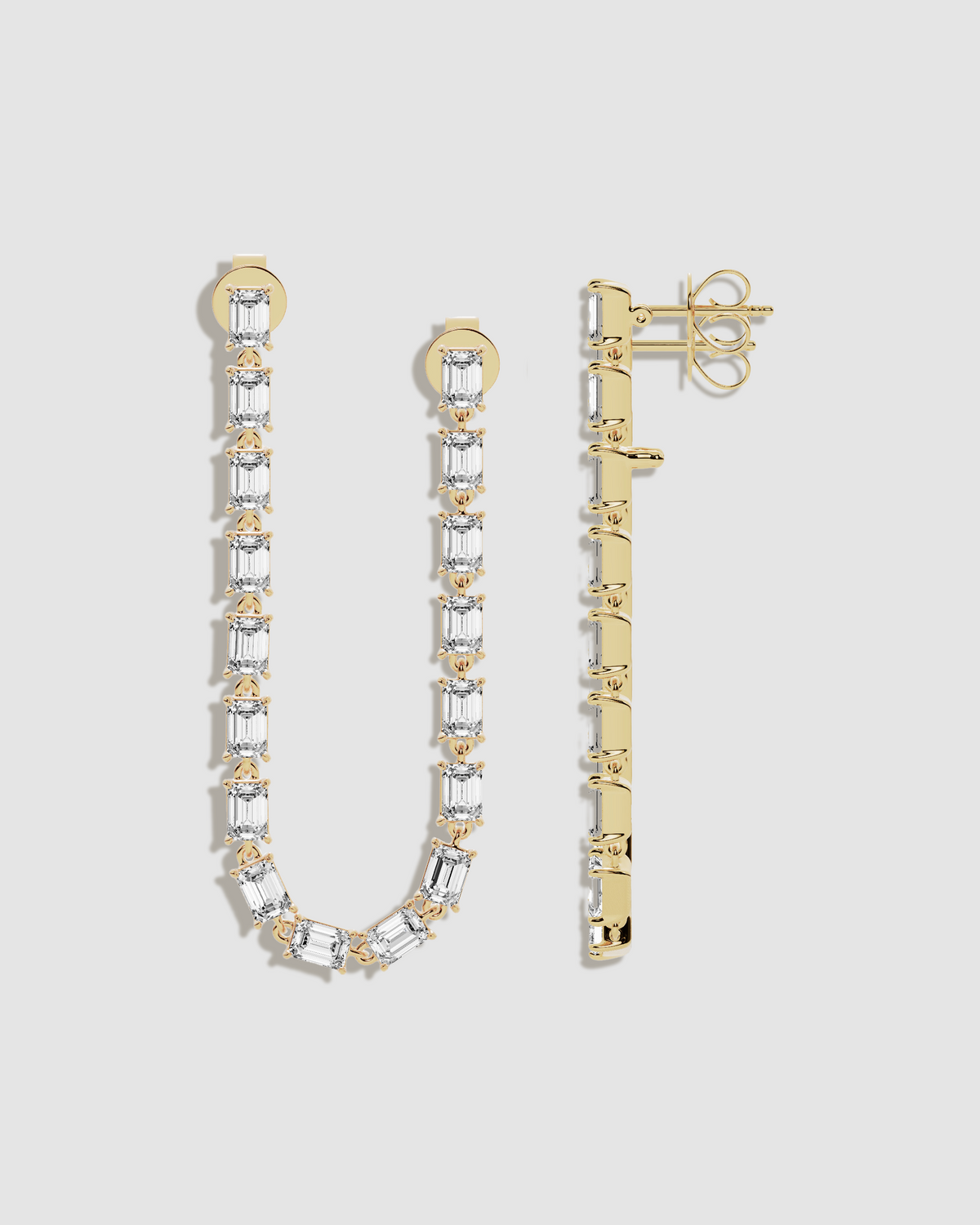 JF Lab - Emerald Cut Long Convertible Drop Earrings 18K gold earring - alternate angle | lab grown diamond earrings