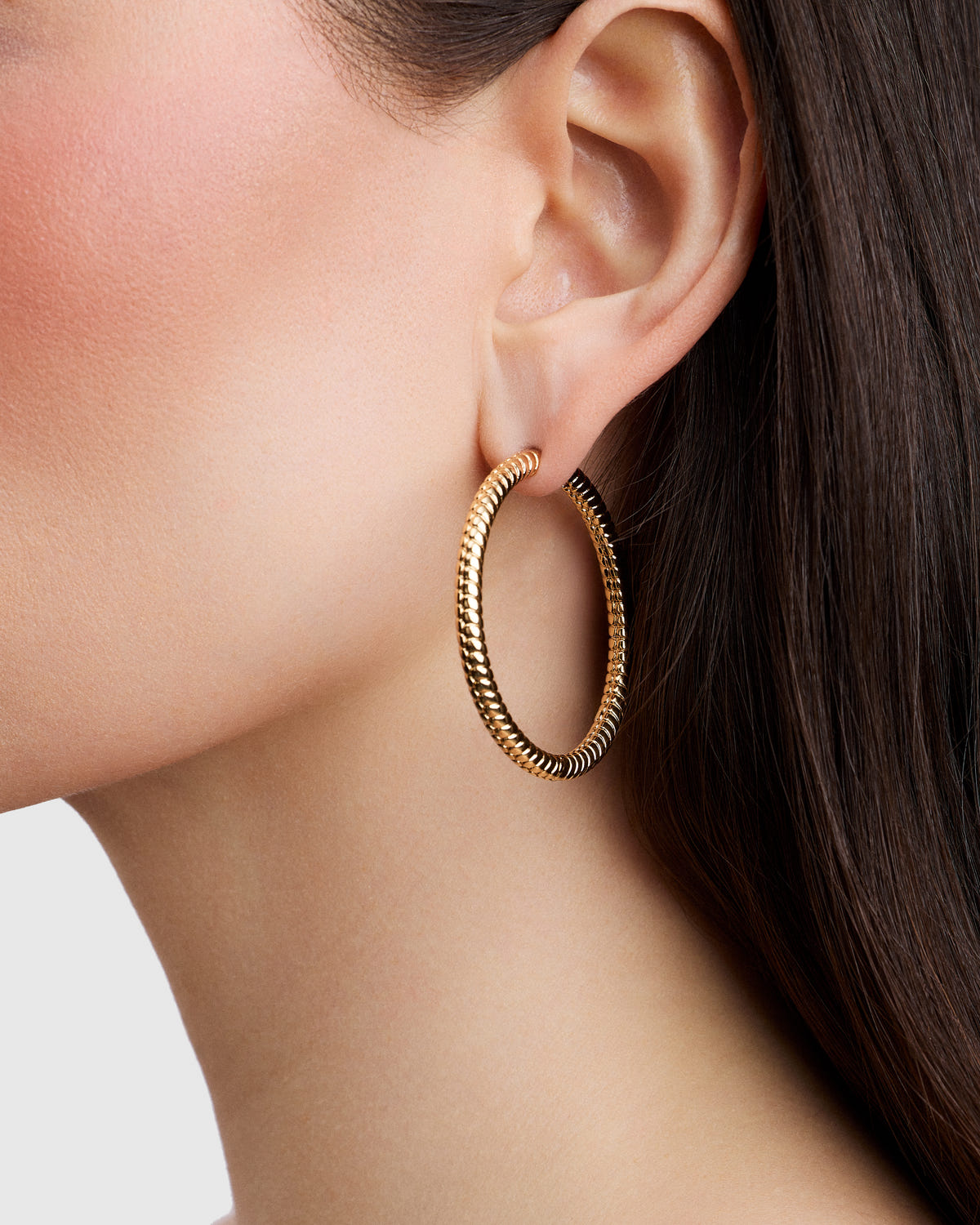 1.5" Madison Ave Baby Hoops earring - close-up detail | gold hoop earrings for women