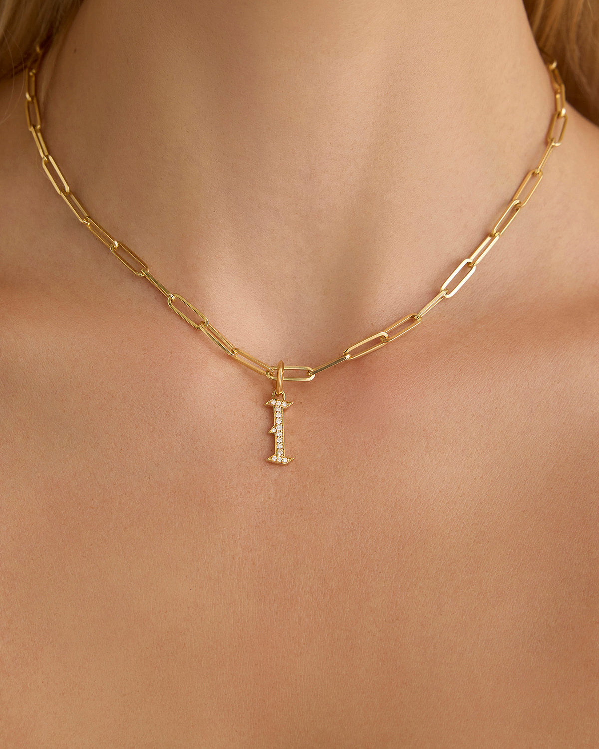 Capital Gothic Letter Charm with Pavé White Diamonds 18K gold charm - styled on model | necklace with charms
