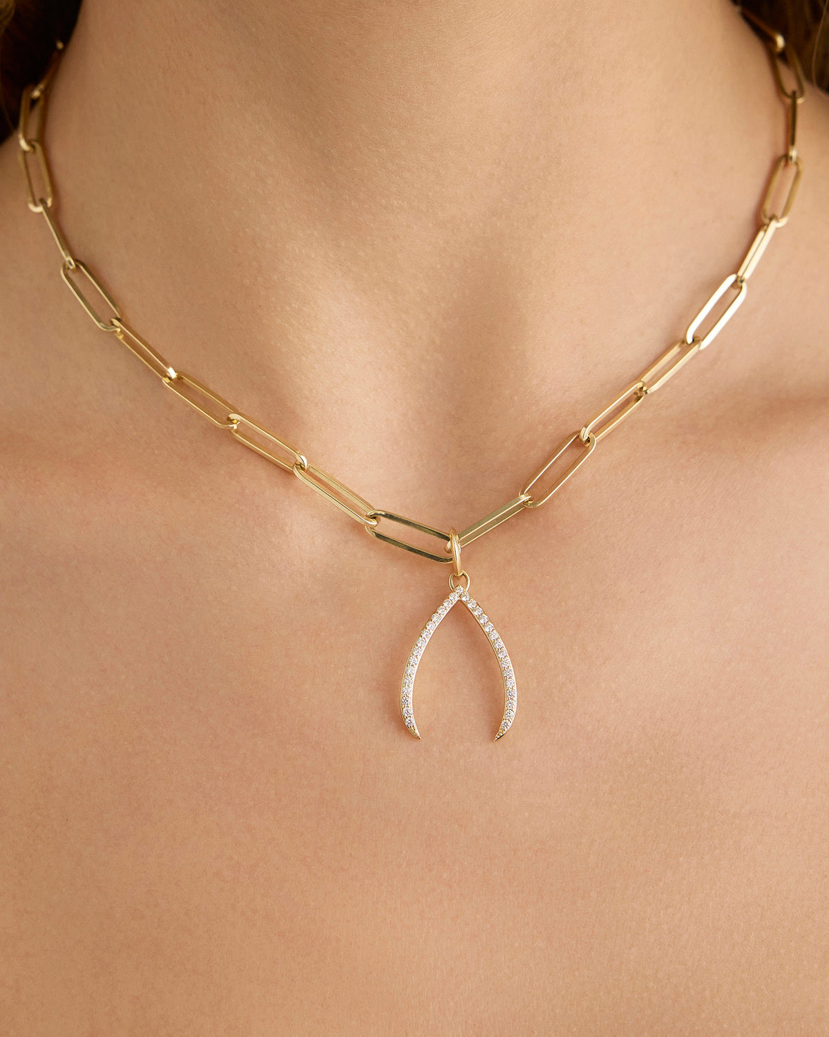 Wishbone Charm with Pavé White Diamonds gold charm - close-up detail | charm necklaces