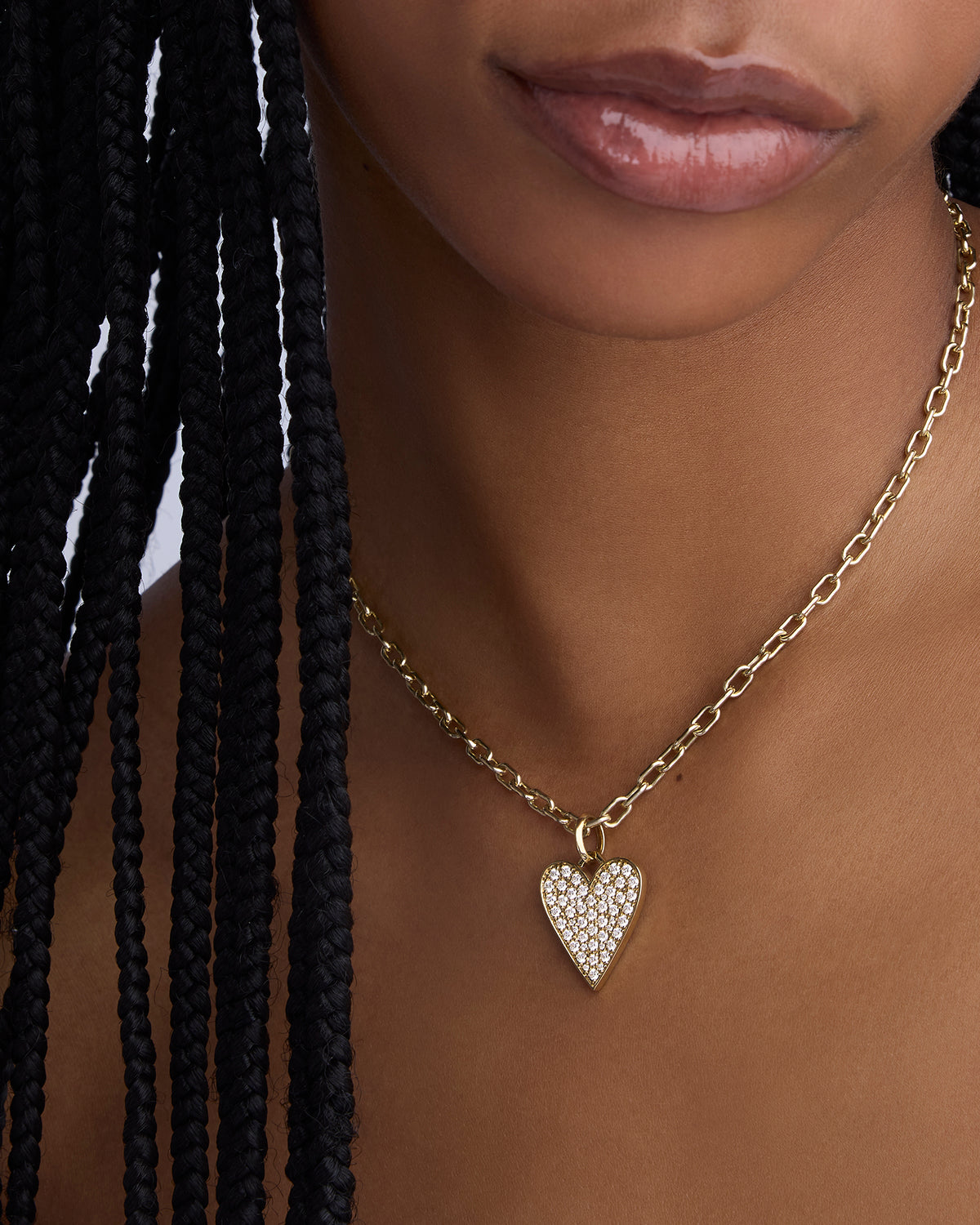 Large Heart with Pavé White Diamonds in 18K Yellow Gold charm - close-up detail | charm necklaces