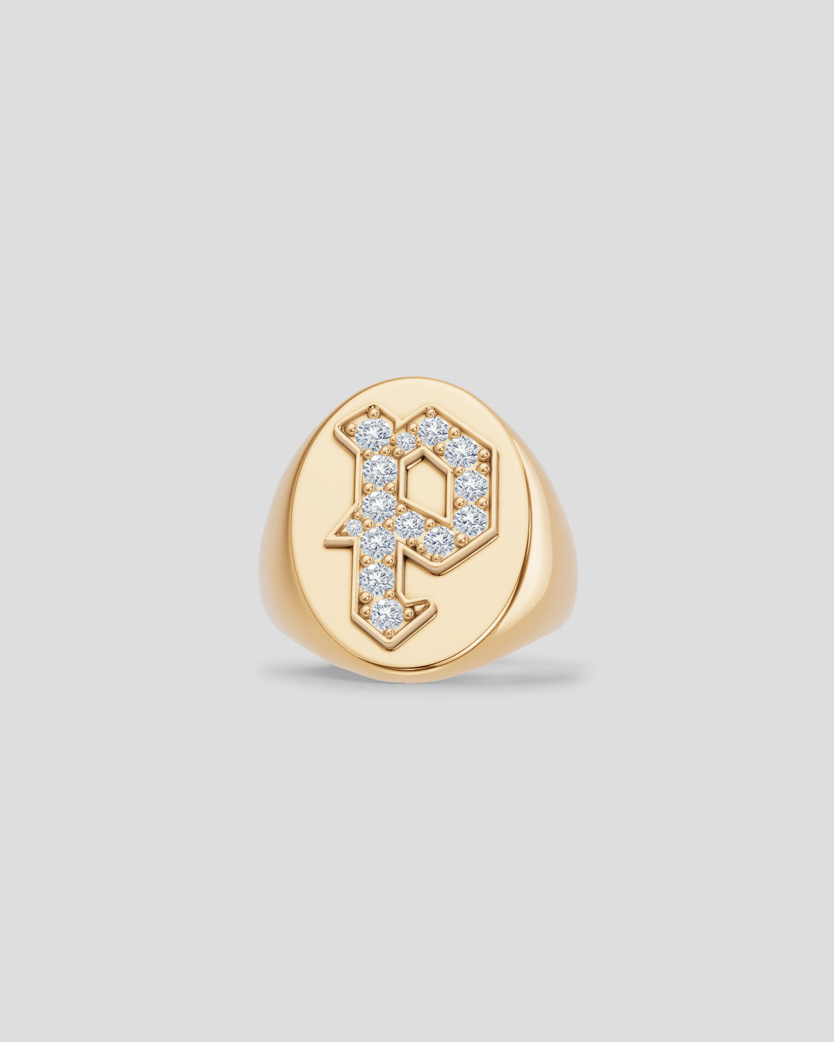 Large Signet Letter Ring with Diamonds in 18K Yellow Gold O-Z 18K gold ring - styled on model | womens diamond rings
