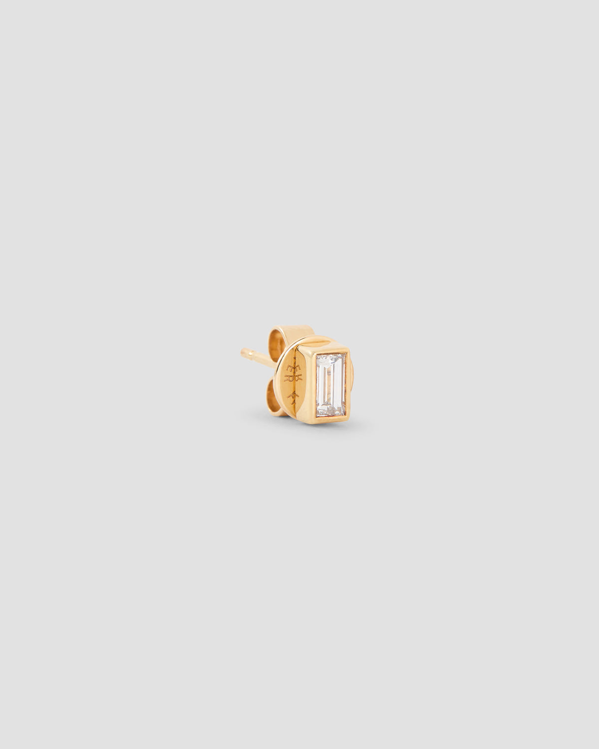 Baguette Diamond Stud Earring in 18K Yellow Gold earring - close-up detail | diamond stud earrings