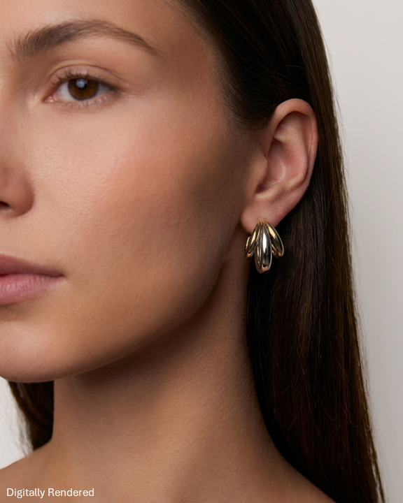 Triple Lilly Huggies earring - styled on model | gold huggie earrings