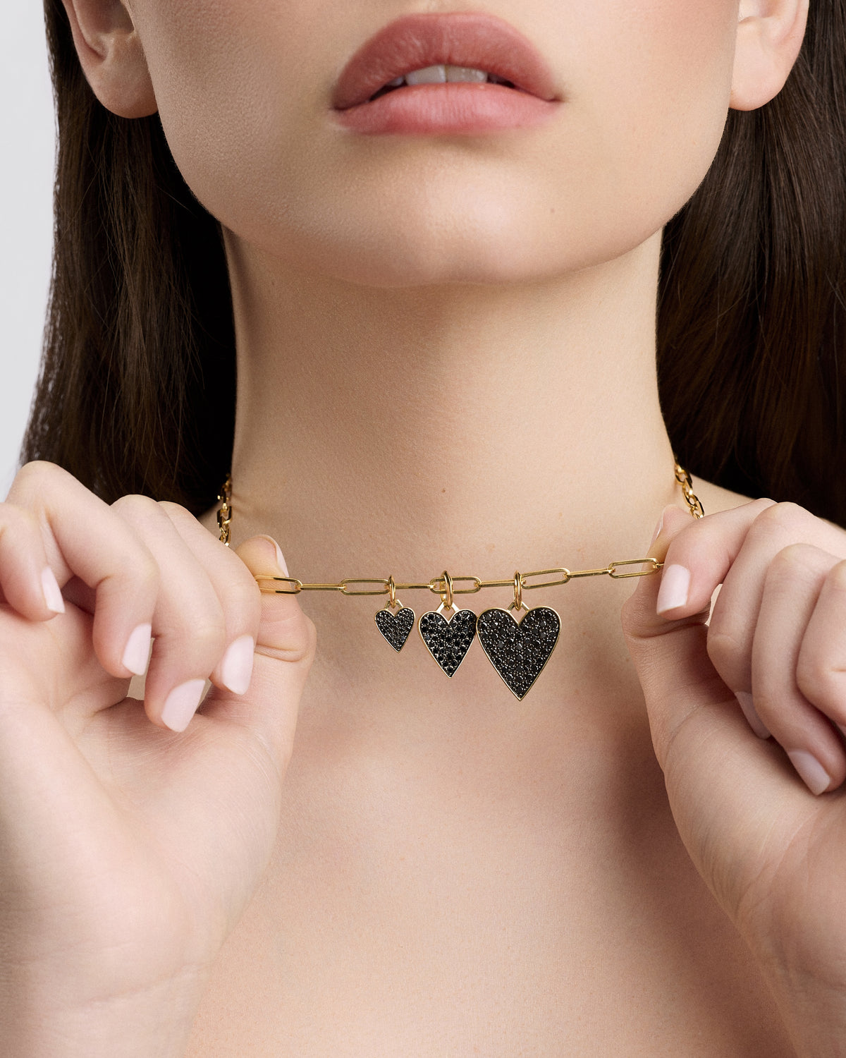 Small Heart with Pavé Black Diamonds charm - close-up detail | gold charm necklace