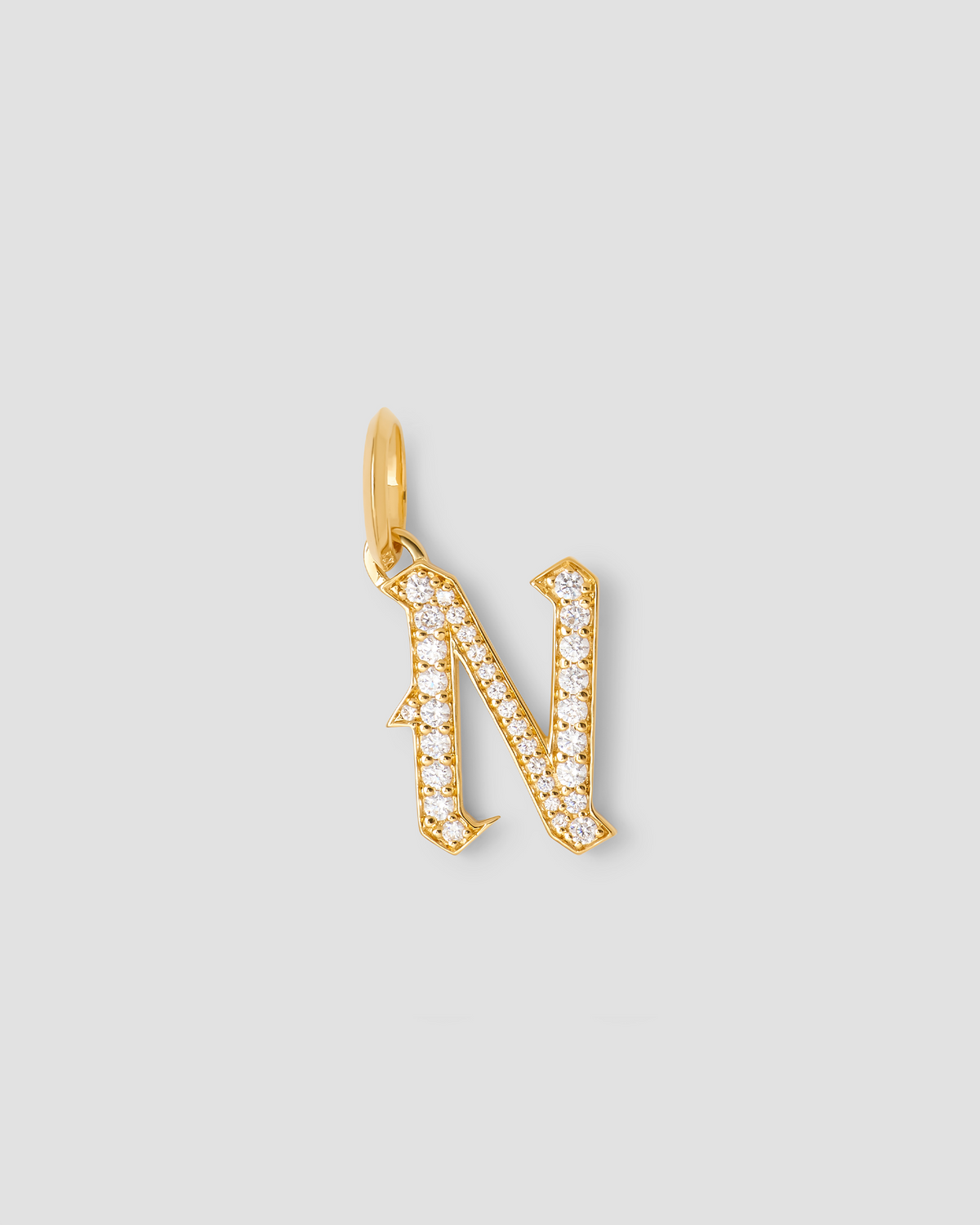 Capital Gothic Letter Charm with Pavé White Diamonds 18K gold charm - front view | necklace with charms